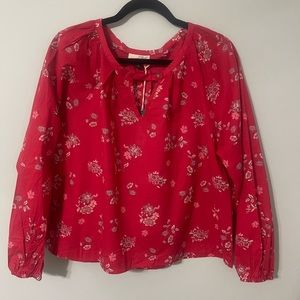 Boho Tunic Floral Print Red Keyhole Sz Medium loose New  **TA0223**